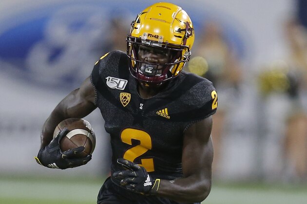Arizona State wide receiver Brandon Aiyuk runs for a first down against Colorado during the first half of an NCAA college football game Saturday, Sept. 21, 2019, in Tempe, Ariz. (AP Photo/Rick Scuteri)