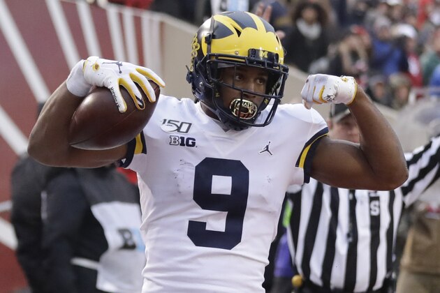 Michigan wide receiver Donovan Peoples-Jones (9) celebrates a touchdown reception during the first half of an NCAA college football game against Indiana, Saturday, Nov. 23, 2019, in Bloomington, Ind. (AP Photo/Darron Cummings)