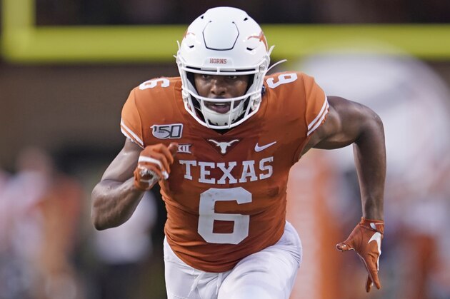 Texas's Devin Duvernay (6) runs a pattern against Louisiana Tech during the first half of an NCAA college football game in Austin, Texas, Saturday, Aug. 31, 2019. (AP Photo/Chuck Burton)
