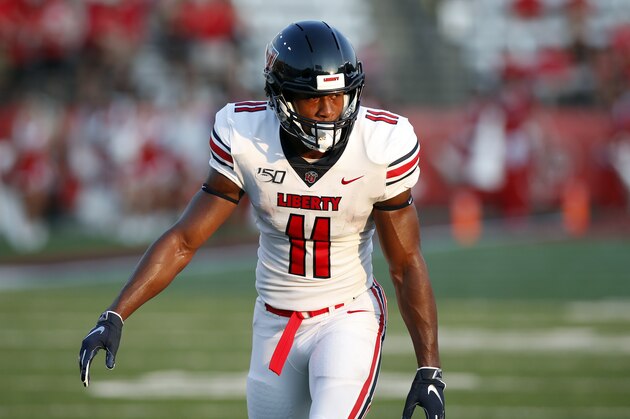 Liberty wide receiver Antonio Gandy-Golden (11) runs during an NCAA college football game against Louisiana Lafayette, Saturday, September 7, 2019, in Lafayette, La. (AP Photo/Tyler Kaufman)