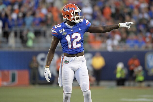 Florida wide receiver Van Jefferson (12) sets up for a play during the first half of an NCAA college football game against Miami Saturday, Aug. 24, 2019, in Orlando, Fla. (AP Photo/Phelan M. Ebenhack)