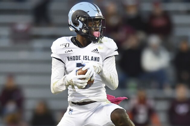 BLACKSBURG, VA - OCTOBER 12: Wide receiver Isaiah Coulter #8 of the Rhode Island Rams makes a reception against the Virginia Tech Hokies in the second half at Lane Stadium on October 12, 2019 in Blacksburg, Virginia. (Photo by Michael Shroyer/Getty Images)