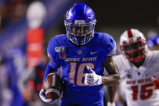 Boise State wide receiver John Hightower (16) runs up the sideline on a 51 yard touchdown reception against New Mexico during the first half of an NCAA college football game Saturday, Nov. 16, 2019, in Boise, Idaho. Boise State won 42-9.(AP Photo/Steve Conner)