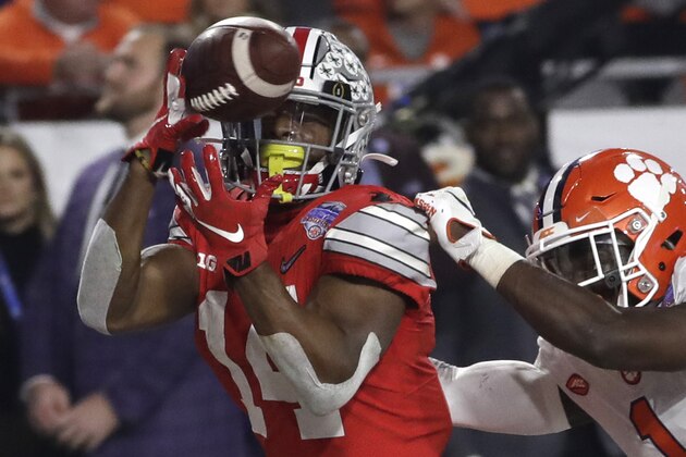 Ohio State wide receiver K.J. Hill (14) during the first half of the Fiesta Bowl NCAA college football game against Clemson, Saturday, Dec. 28, 2019, in Glendale, Ariz. (AP Photo/Rick Scuteri).