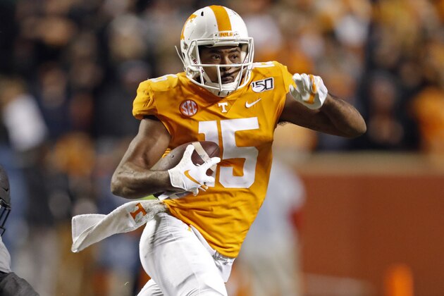 Tennessee wide receiver Jauan Jennings (15) gets past Vanderbilt safety Tae Daley (3) in the second half of an NCAA college football game Saturday, Nov. 30, 2019, in Knoxville, Tenn. (AP Photo/Wade Payne)