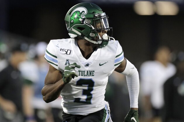 Tulane wide receiver Darnell Mooney runs a route against Navy during the second half of an NCAA college football game, Saturday, Oct. 26, 2019, in Annapolis. Navy won 41-38. (AP Photo/Julio Cortez)