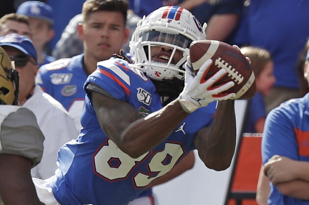 Florida wide receiver Tyrie Cleveland (89) catches a pass in front of Vanderbilt safety Tae Daley, left, during the second half of an NCAA college football game, Saturday, Nov. 9, 2019, in Gainesville, Fla. (AP Photo/John Raoux)