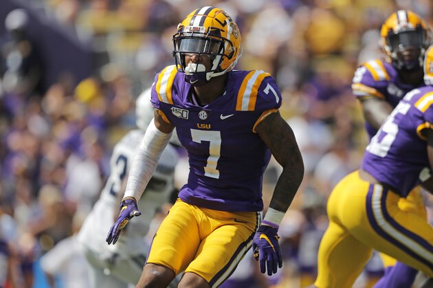 LSU safety Grant Delpit (7) covers in the second half of an NCAA college football game against Utah State in Baton Rouge, La., Saturday, Oct. 5, 2019. (AP Photo/Gerald Herbert)