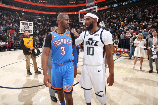 MINNEAPOLIS, MN -  OCTOBER 23: Chris Paul #3 of the Oklahoma City Thunder and Mike Conley #10 of the Utah Jazz talk after a game on October 23, 2019 at Target Center in Minneapolis, Minnesota. NOTE TO USER: User expressly acknowledges and agrees that, by downloading and or using this Photograph, user is consenting to the terms and conditions of the Getty Images License Agreement. Mandatory Copyright Notice: Copyright 2019 NBAE (Photo by David Sherman/NBAE via Getty Images)