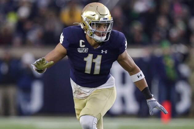Notre Dame safety Alohi Gilman (11) plays against Boston College during the second half of an NCAA college football game in South Bend, Ind., Saturday, Nov. 23, 2019. Notre Dame defeated Boston College 40-7. (AP Photo/Michael Conroy) Notre Dame safety Alohi Gilman (11) plays against Boston College during the second half of an NCAA college football game in South Bend, Ind., Saturday, Nov. 23, 2019. Notre Dame defeated Boston College 40-7. (AP Photo/Michael Conroy)