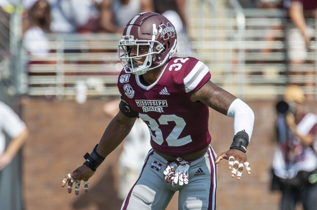 Mississippi State defensive back Brian Cole II (32) reacts during the first half of an NCAA football game on Saturday, Sept. 14, 2019 at Mississippi St. in Starkville, Miss. (AP Photo/Vasha Hunt)