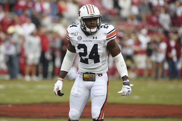 Auburn defensive back Daniel Thomas against Arkansas during an NCAA college football game, Saturday, Oct. 19, 2019 in Fayetteville, Ark. (AP Photo/Michael Woods)