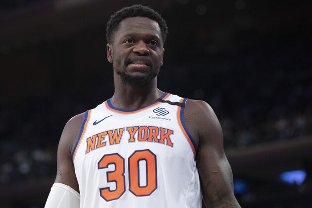 New York Knicks forward Julius Randle reacts in the first half of an NBA basketball game against the Oklahoma City Thunder, Friday, March 6, 2020, at Madison Square Garden in New York. (AP Photo/Mary Altaffer)