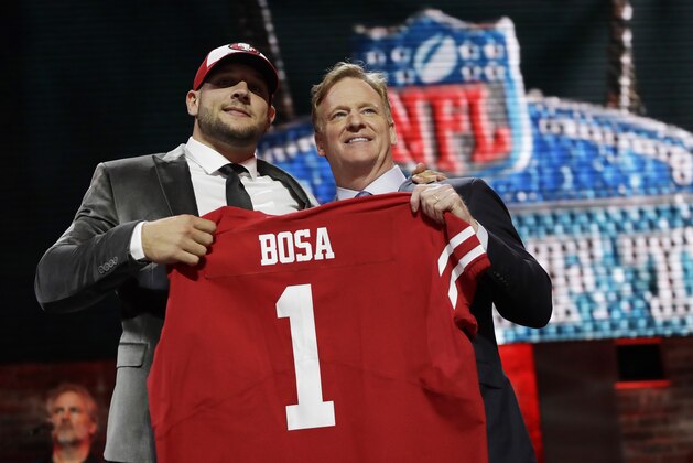 Ohio State defensive end Nick Bosa poses with NFL Commissioner Roger Goodell after the San Francisco 49ers selected Bosa in the first round at the NFL football draft, Thursday, April 25, 2019, in Nashville, Tenn.(AP Photo/Mark Humphrey)