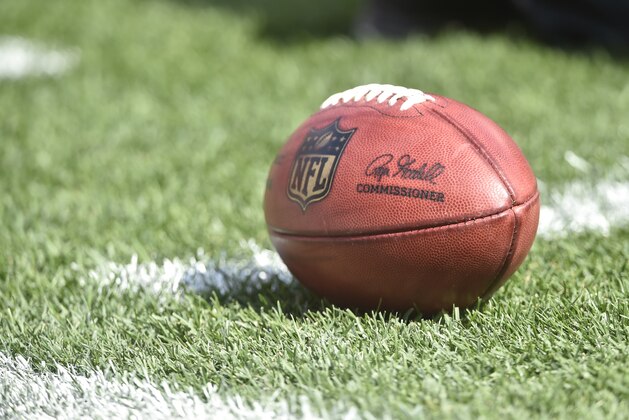 A general view of a game ball during an NFL football game between the Pittsburgh Steelers and the Cleveland Browns, Sunday, Sept. 10, 2017, in Cleveland. Pittsburgh won 21-18. (AP Photo/David Richard)