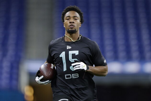 Florida defensive back C J Henderson runs a drill at the NFL football scouting combine in Indianapolis, Sunday, March 1, 2020. (AP Photo/Michael Conroy)