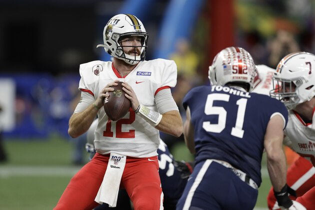East quarterback James Morgan, of Florida International University, (12) during the first half of the East West Shrine football game Saturday, Jan. 18, 2020, in St. Petersburg, Fla. (AP Photo/Chris O'Meara)