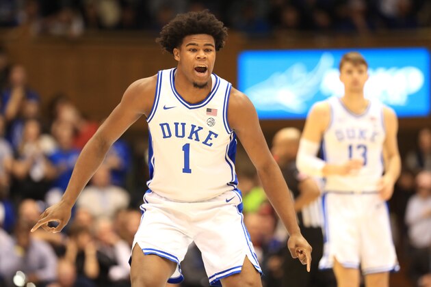 DURHAM, NORTH CAROLINA - JANUARY 21: Vernon Carey Jr. #1 of the Duke Blue Devils reacts after a play against the Miami (Fl) Hurricanes at Cameron Indoor Stadium on January 21, 2020 in Durham, North Carolina. (Photo by Streeter Lecka/Getty Images) DURHAM, NORTH CAROLINA - JANUARY 21: Vernon Carey Jr. #1 of the Duke Blue Devils reacts after a play against the Miami (Fl) Hurricanes at Cameron Indoor Stadium on January 21, 2020 in Durham, North Carolina. (Photo by Streeter Lecka/Getty Images)