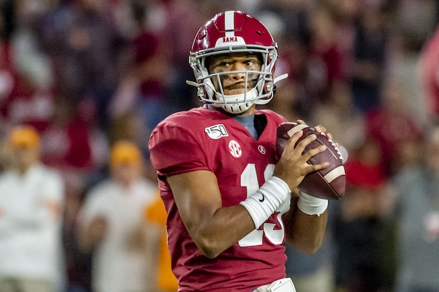 Alabama quarterback Tua Tagovailoa (13) during the first half of an NCAA college football game against Tennessee, Saturday, Oct. 19, 2019, in Tuscaloosa, Ala. (AP Photo/Vasha Hunt)