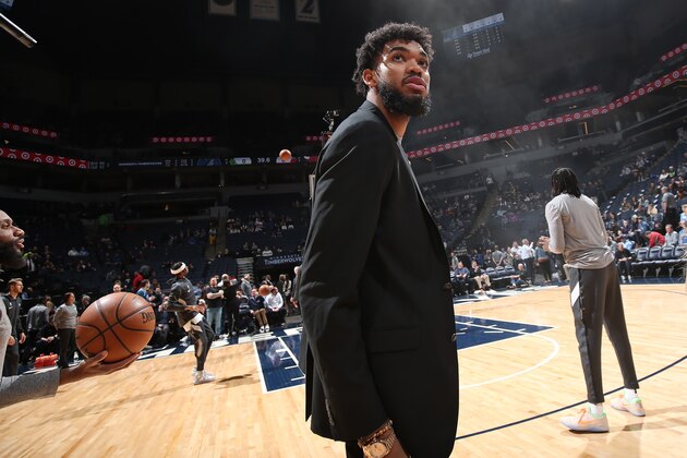 MINNEAPOLIS, MN -  MARCH 4: Karl-Anthony Towns #32 of the Minnesota Timberwolves looks on before the game against the Chicago Bulls on March 04, 2020 at Target Center in Minneapolis, Minnesota. NOTE TO USER: User expressly acknowledges and agrees that, by downloading and or using this Photograph, user is consenting to the terms and conditions of the Getty Images License Agreement. Mandatory Copyright Notice: Copyright 2020 NBAE (Photo by David Sherman/NBAE via Getty Images)