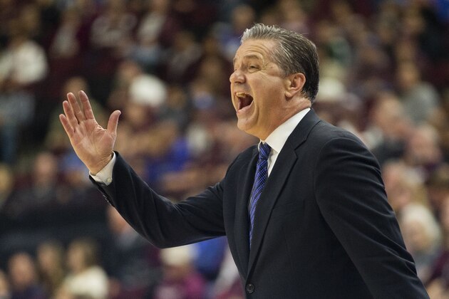 Kentucky coach John Calipari yells to his team during a stop in play against Texas A&M during the second half of an NCAA college basketball game Tuesday, Feb. 25, 2020, in College Station, Texas. (AP Photo/Sam Craft)