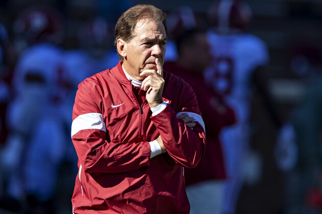 FAYETTEVILLE, AR - NOVEMBER 9:   Head Coach Nick Saban of the Alabama Crimson Tide on the field watching his team warm up before a game against the Mississippi State Bulldogs at Davis Wade Stadium on November 16, 2019 in Starkville, Mississippi.  The Crimson Tide defeated the Bulldogs 38-7.  (Photo by Wesley Hitt/Getty Images)