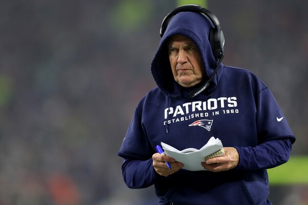 FOXBOROUGH, MASSACHUSETTS - JANUARY 04: Head coach Bill Belichick of the New England Patriots looks on during the the AFC Wild Card Playoff game against the Tennessee Titans at Gillette Stadium on January 04, 2020 in Foxborough, Massachusetts. (Photo by Maddie Meyer/Getty Images)