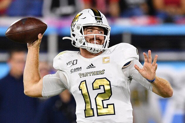 BOCA RATON, FLORIDA - NOVEMBER 09: James Morgan #12 of the FIU Golden Panthers looks to pass against the FIU Golden Panthers in the second half at FAU Stadium on November 09, 2019 in Boca Raton, Florida. (Photo by Mark Brown/Getty Images)