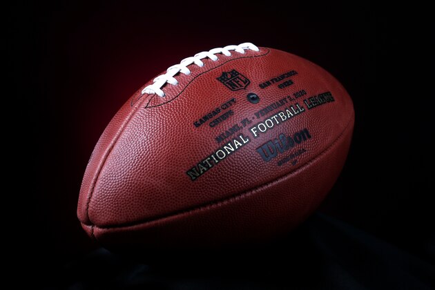 An official ball for the NFL Super Bowl LIV football game with the Kansas City Chiefs logo that was made at the Wilson Sporting Goods Co. in Ada, Ohio, Monday, Jan. 20, 2020. The Kansas City Chiefs will play the San Francisco 49ers in the Super Bowl LIV on Feb. 2, in Miami. (AP Photo/Ron Schwane)