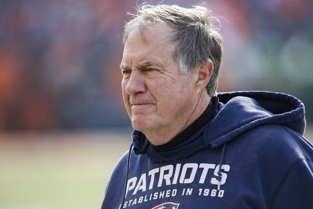 New England Patriots head coach Bill Belichick works the field during practice before an NFL football game against the Cincinnati Bengals, Sunday, Dec. 15, 2019, in Cincinnati. (AP Photo/Gary Landers)