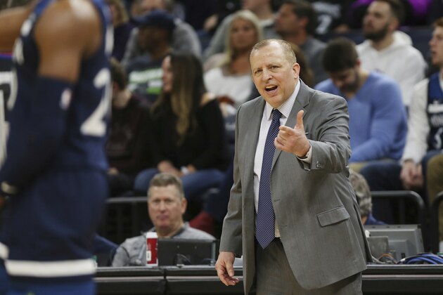 Minnesota Timberwolves' head coach Tom Thibodeau calls out to his team during the second half of an NBA basketball game against the Los Angeles Lakers, Sunday, Jan. 6, 2019, in Minneapolis. A person with knowledge of the decision tells The Associated Press that the Timberwolves have fired Thibodeau halfway into his third season with the team that began with turmoil surrounding All-Star Jimmy Butler. The person spoke to the AP on condition of anonymity, because the Timberwolves had not yet announced the news. The Athletic first reported that Thibodeau, who was also the president of basketball operations with full authority over the roster, had been let go. (AP Photo/Stacy Bengs) Minnesota Timberwolves' head coach Tom Thibodeau calls out to his team during the second half of an NBA basketball game against the Los Angeles Lakers, Sunday, Jan. 6, 2019, in Minneapolis. A person with knowledge of the decision tells The Associated Press that the Timberwolves have fired Thibodeau halfway into his third season with the team that began with turmoil surrounding All-Star Jimmy Butler. The person spoke to the AP on condition of anonymity, because the Timberwolves had not yet announced the news. The Athletic first reported that Thibodeau, who was also the president of basketball operations with full authority over the roster, had been let go. (AP Photo/Stacy Bengs)