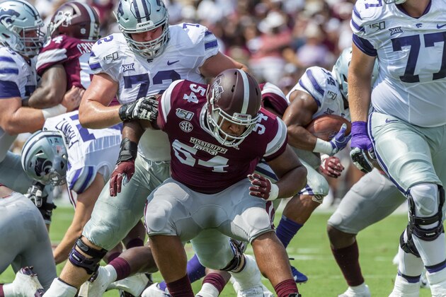 Kansas State offensive lineman Evan Curl (72) blocks Mississippi State defensive lineman Fabien Lovett (54) during the first half of an NCAA football game on Saturday, Sept. 14, 2019 at Mississippi St. in Starkville, Miss. (AP Photo/Vasha Hunt)