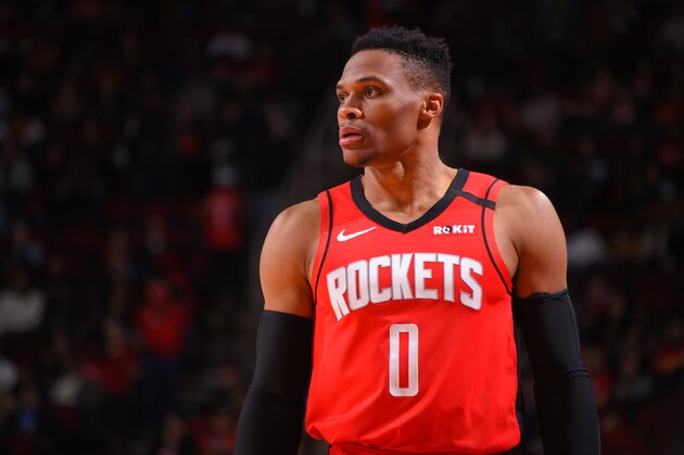 HOUSTON, TX - FEBRUARY 26 : Russell Westbrook #0 of the Houston Rockets looks on during the game against the Memphis Grizzlies on February 26, 2020 at the Toyota Center in Houston, Texas. NOTE TO USER: User expressly acknowledges and agrees that, by downloading and or using this photograph, User is consenting to the terms and conditions of the Getty Images License Agreement. Mandatory Copyright Notice: Copyright 2020 NBAE (Photo by Bill Baptist/NBAE via Getty Images)