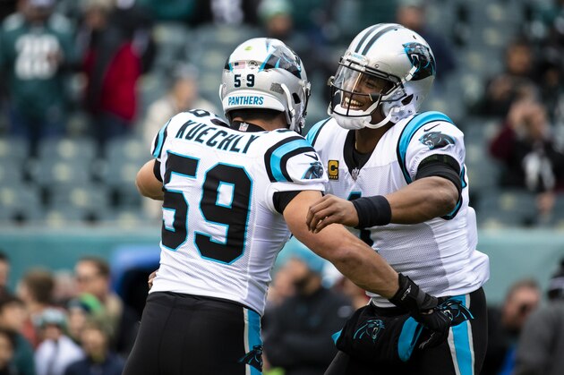 PHILADELPHIA, PA - OCTOBER 21:  Luke Kuechly #59 and Cam Newton #1 of the Carolina Panthers embrace before the game against the Philadelphia Eagles at Lincoln Financial Field on October 21, 2018 in Philadelphia, Pennsylvania. Carolina defeats Philadelphia 21-17.  (Photo by Brett Carlsen/Getty Images)