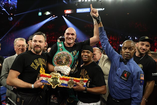 LAS VEGAS, NEVADA - FEBRUARY 22: Tyson Fury celebrates his win by TKO in the seventh round against Deontay Wilder in the Heavyweight bout for Wilder's WBC and Fury's lineal heavyweight title on February 22, 2020 at MGM Grand Garden Arena in Las Vegas, Nevada. (Photo by Al Bello/Getty Images)