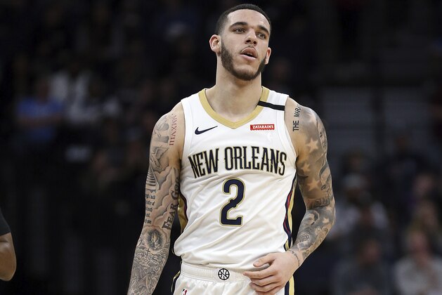New Orleans Pelicans' Lonzo Ball in the second half of an NBA basketball game against the Minnesota Timberwolves, Sunday, March 8, 2020, in Minneapolis. The Pelicans won 120-107. (AP Photo/Stacy Bengs)