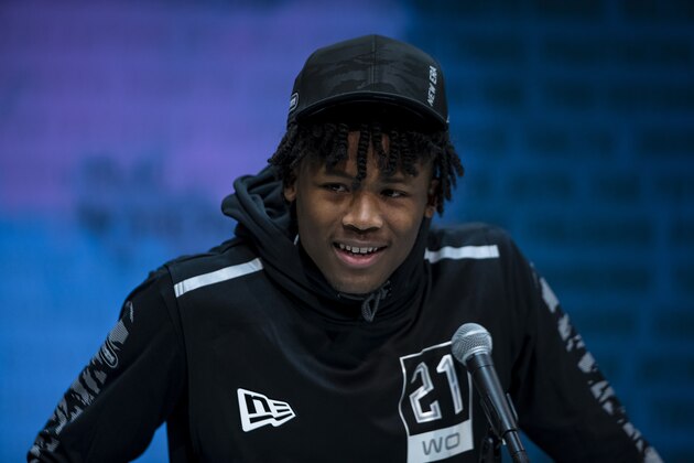 INDIANAPOLIS, IN - FEBRUARY 25: Tee Higgins #WO21 of the Clemson Tigers speaks to the media at the Indiana Convention Center on February 25, 2020 in Indianapolis, Indiana. (Photo by Michael Hickey/Getty Images) *** Local Capture *** Tee Higgins