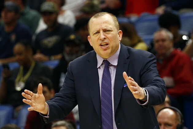 Minnesota Timberwolves head coach Tom Thibodeau reacts to a call during the first half of an NBA basketball game against the New Orleans Pelicans, Monday, Dec. 31, 2018, in New Orleans. (AP Photo/Butch Dill)