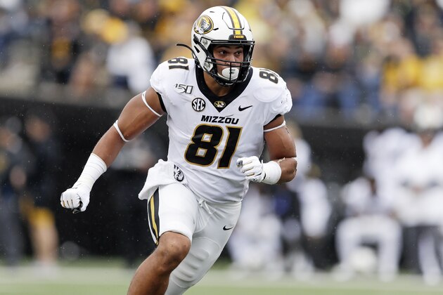 Missouri tight end Albert Okwuegbunam plays against Vanderbilt in the first half of an NCAA college football game Saturday, Oct. 19, 2019, in Nashville, Tenn. (AP Photo/Mark Humphrey)