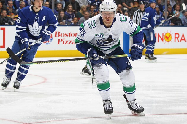 TORONTO, ON - FEBRUARY 29:  Tyler Toffoli #73 of the Vancouver Canucks skates against the Toronto Maple Leafs during an NHL game at Scotiabank Arena on February 29, 2020 in Toronto, Ontario, Canada. The Maple Leafs defeated the Canucks 4-2. (Photo by Claus Andersen/Getty Images)