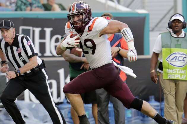 Virginia Tech tight end Dalton Keene runs on his way to scoring a touchdown during the first half of an NCAA college football game against Miami, Saturday, Oct. 5, 2019, in Miami Gardens, Fla. (AP Photo/Lynne Sladky)