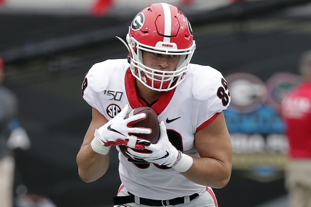 Georgia tight end Charlie Woerner makes a reception during the first half of an NCAA college football game against Florida, Saturday, Nov. 2, 2019, in Jacksonville, Fla. (AP Photo/John Raoux)
