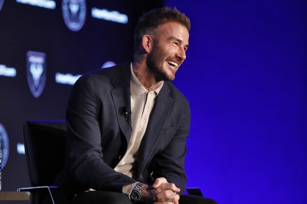 David Beckham, Inter Miami CF co-owner, is interviewed during the Major League Soccer 25th Season kickoff event in New York, Wednesday, Feb. 26, 2020. (AP Photo/Richard Drew)