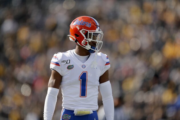 Florida defensive back CJ Henderson takes up his position during the first half of an NCAA college football game against Missouri Saturday, Nov. 16, 2019, in Columbia, Mo. (AP Photo/Jeff Roberson)