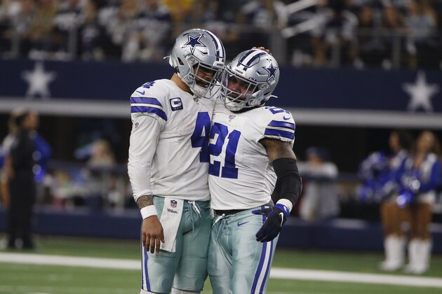 Dallas Cowboys quarterback Dak Prescott (4) and running back Ezekiel Elliott (21) embrace after a touchdown against the Washington Redskins during the second half of an NFL football game in Arlington, Texas, Sunday, Dec. 15, 2019. (AP Photo/Ron Jenkins) Dallas Cowboys quarterback Dak Prescott (4) and running back Ezekiel Elliott (21) embrace after a touchdown against the Washington Redskins during the second half of an NFL football game in Arlington, Texas, Sunday, Dec. 15, 2019. (AP Photo/Ron Jenkins)