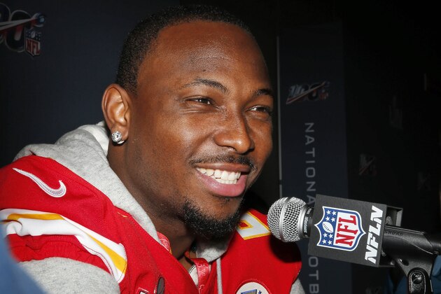 Kansas City Chiefs running back LeSean McCoy (25) speaks during a media availability, Wednesday, Jan. 29, 2020, in Aventura, Fla., for the NFL Super Bowl 54 football game. (AP Photo/Brynn Anderson)