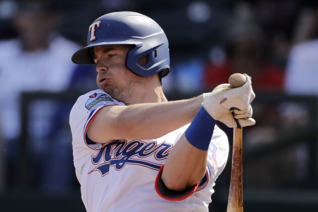 Texas Rangers' Nick Solak bats during the first inning of a spring training baseball game against the Chicago Cubs Thursday, Feb. 27, 2020, in Surprise, Ariz. (AP Photo/Charlie Riedel)