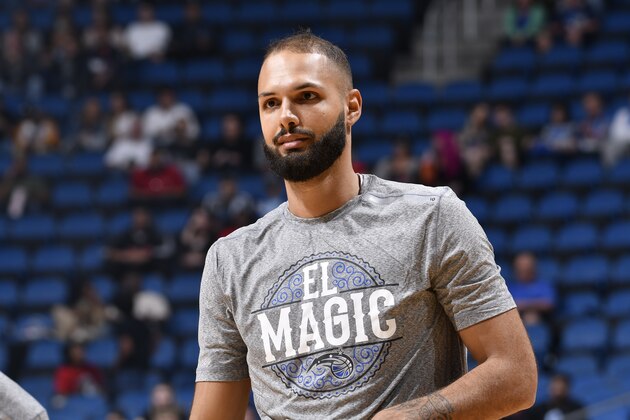 ORLANDO, FL - MARCH 2: Evan Fournier #10 of the Orlando Magic warms up before the game against the Portland Trail Blazers on March 2, 2020 at Amway Center in Orlando, Florida. NOTE TO USER: User expressly acknowledges and agrees that, by downloading and or using this photograph, User is consenting to the terms and conditions of the Getty Images License Agreement. Mandatory Copyright Notice: Copyright 2020 NBAE (Photo by Fernando Medina/NBAE via Getty Images)