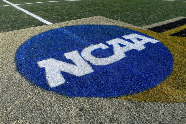 SANTA BARBARA, CA - DECEMBER 09:  The NCAA logo on the field before the Division I Men's Soccer Championship  between the Maryland Terrapins and the Akron Zips held at Meredith Field at Harder Stadium on December 9, 2018 in Santa Barbara, California. Maryland defeated Akron 1-0 for the national title.  (Photo by G Fiume/Maryland Terrapins/Getty Images)