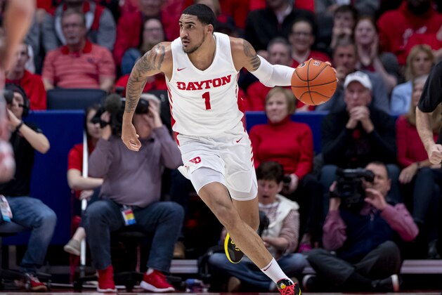 DAYTON, OH - FEBRUARY 28: Obi Toppin #1 of the Dayton Flyers brings the ball up court during the game against the Davidson Wildcats at UD Arena on February 28, 2020 in Dayton, Ohio. (Photo by Michael Hickey/Getty Images)